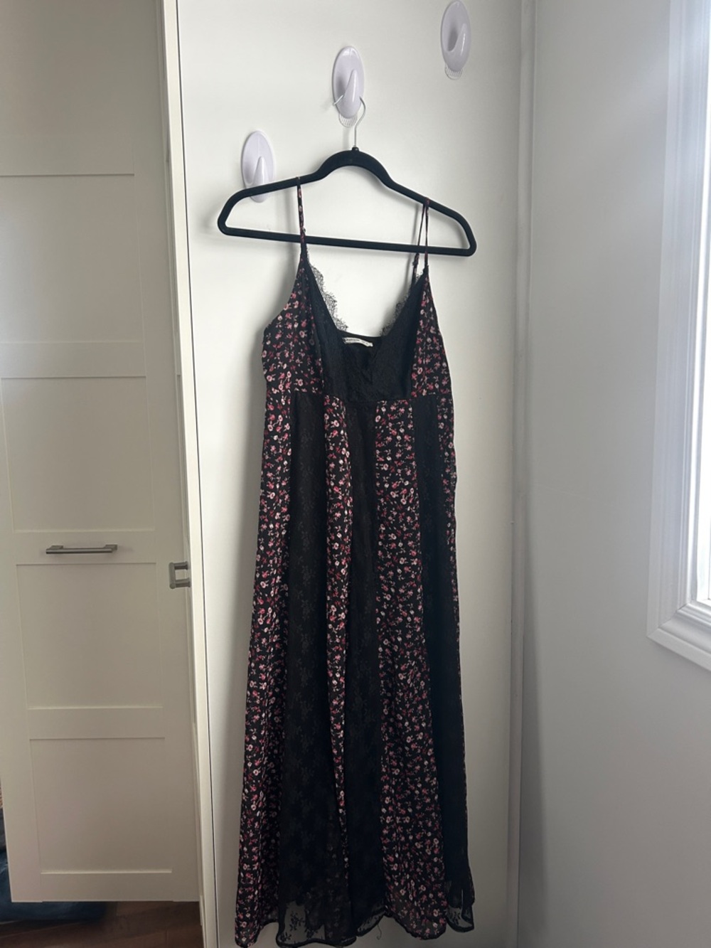stradivarius Black Floral Slip Dress with Pink Accents